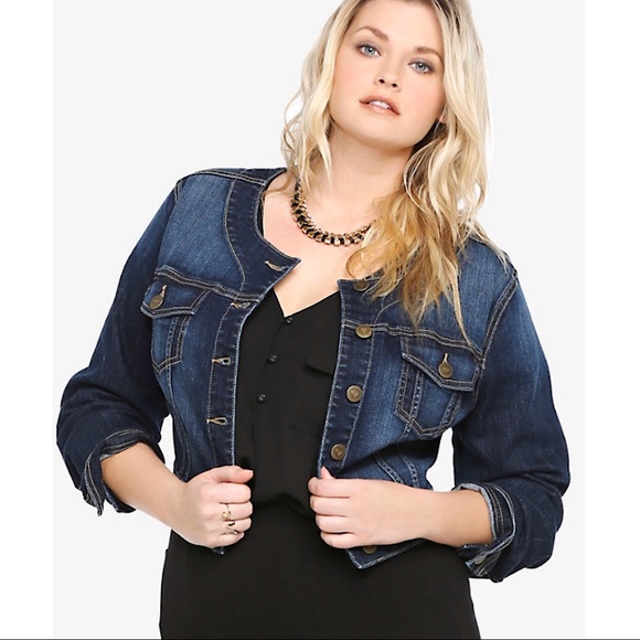 collarless cropped denim jacket